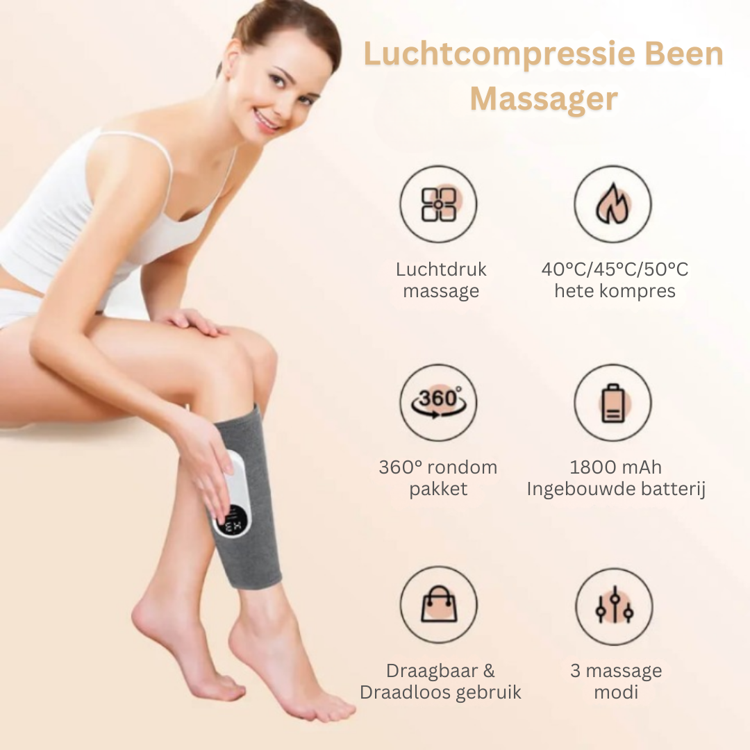 Oplaadbaar ComfortLegs beenmassageapparaat, draadloos ontwerp voor flexibele kuitmassage en ontspanning overal.