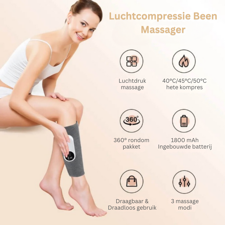 Oplaadbaar ComfortLegs beenmassageapparaat, draadloos ontwerp voor flexibele kuitmassage en ontspanning overal.
