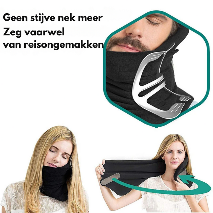 Luxe ComfortNek reiskussen met ademende stof; optimale neksteun en comfort voor lange reizen.