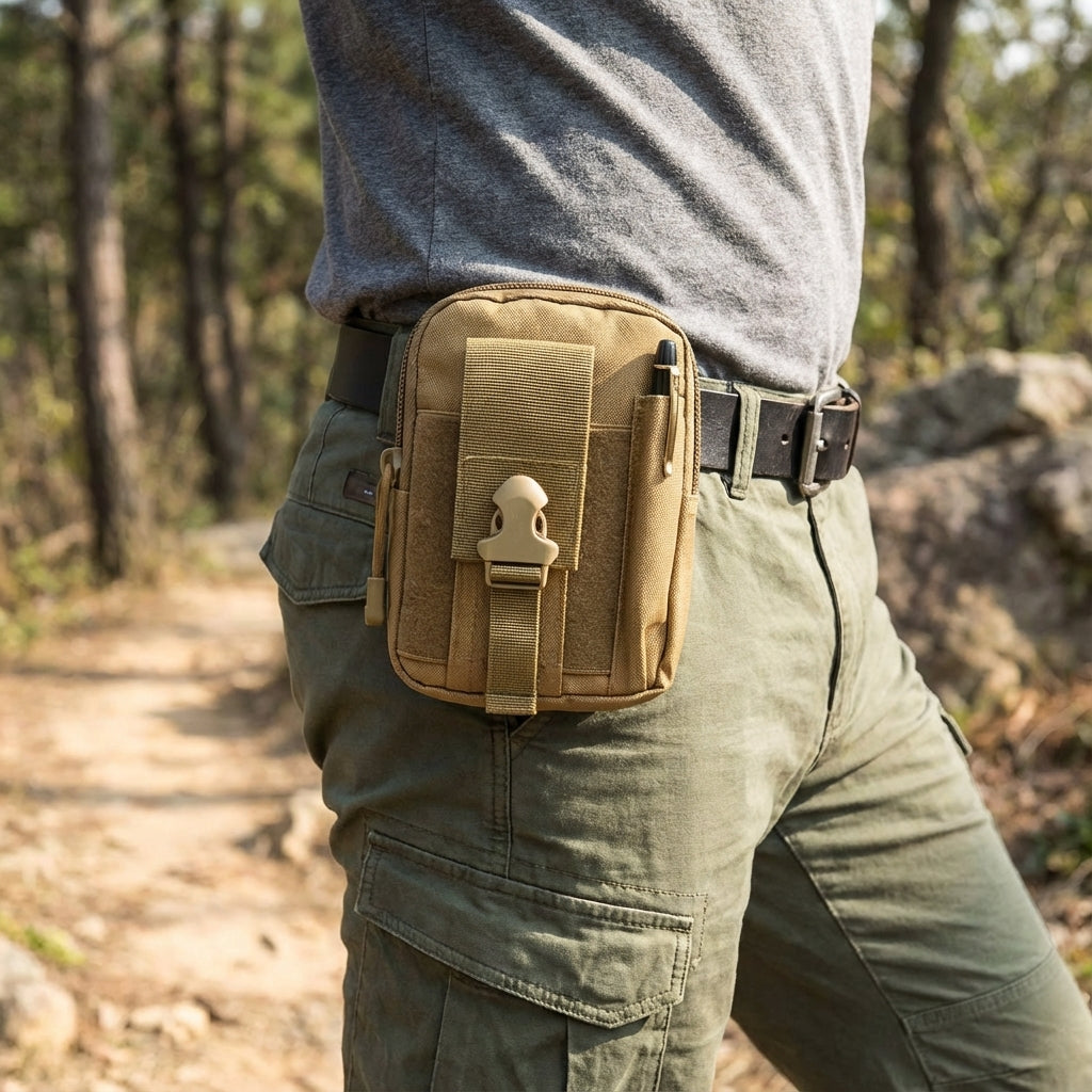 Compact tactisch Molle etui voor essentiële spullen, handig voor outdoor en reizen.