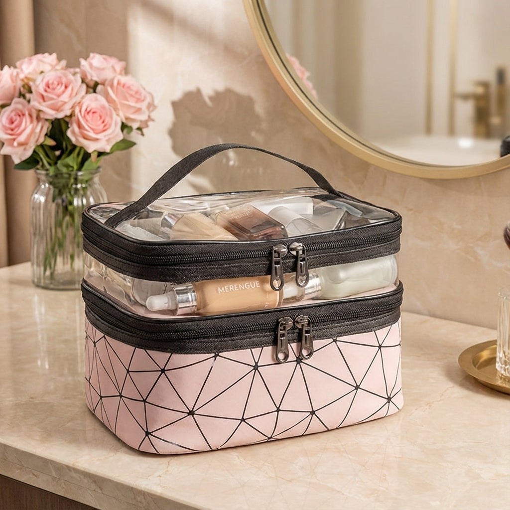 Compacte dames toilettas ClearVogue. Ideaal voor reizen, waterdicht en overzichtelijk opbergen van make-up en essentials.