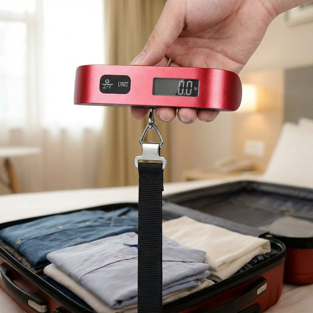 Compacte digitale bagageweegschaal voor het nauwkeurig wegen van koffers en bagage voor vertrek.
