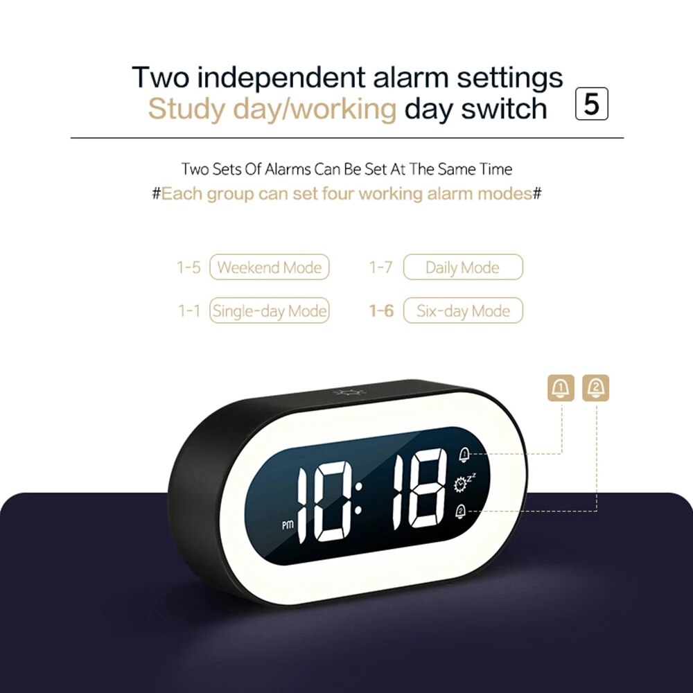 Multifunctionele digitale wekker Lumino met nachtlampje, LED display en USB-C, onmisbaar in de slaapkamer.
