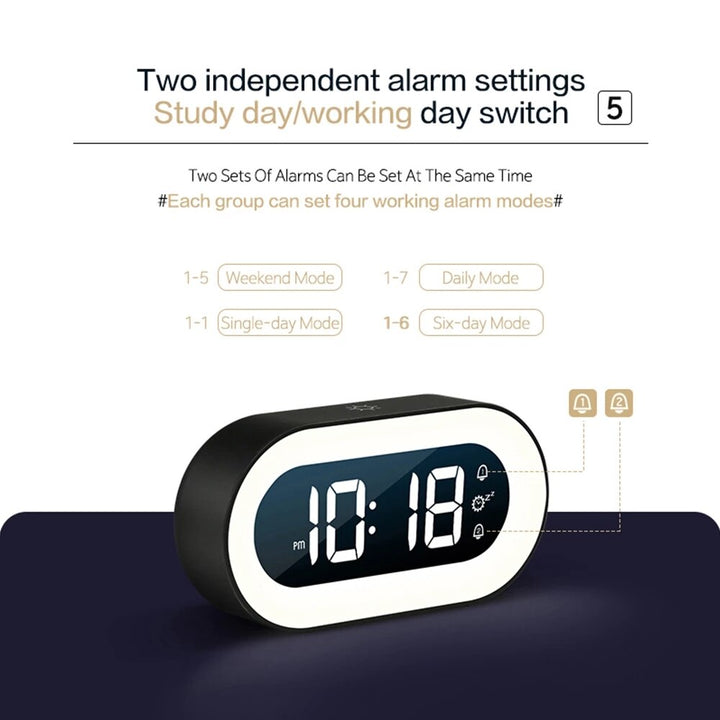 Multifunctionele digitale wekker Lumino met nachtlampje, LED display en USB-C, onmisbaar in de slaapkamer.