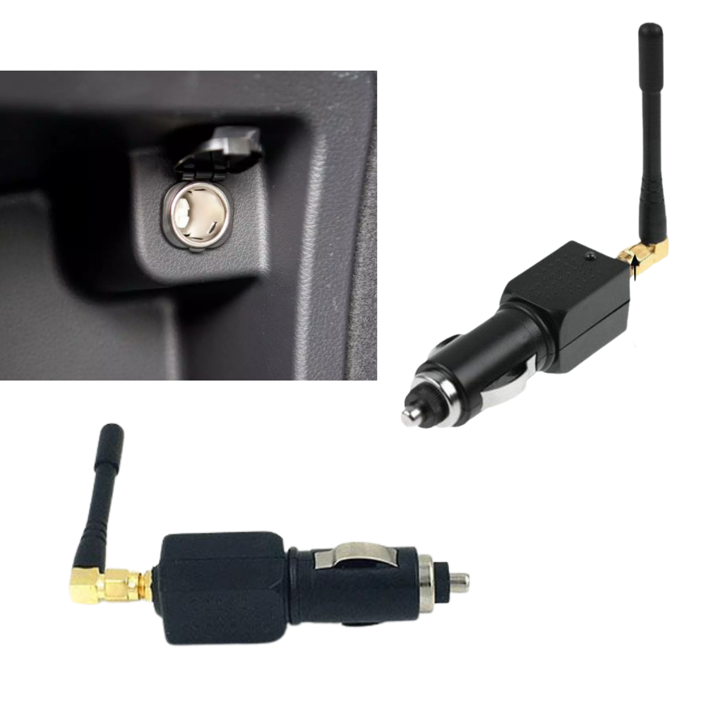 De GPS-signaal blokker voor voertuigen in zijn verpakking. Complete set voor privacy en beveiliging.