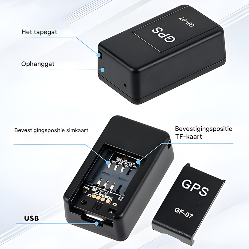 Slimme compacte GPS tracker gadget voor eenvoudige beveiliging en realtime locatiebepaling van elk item of huisdier.