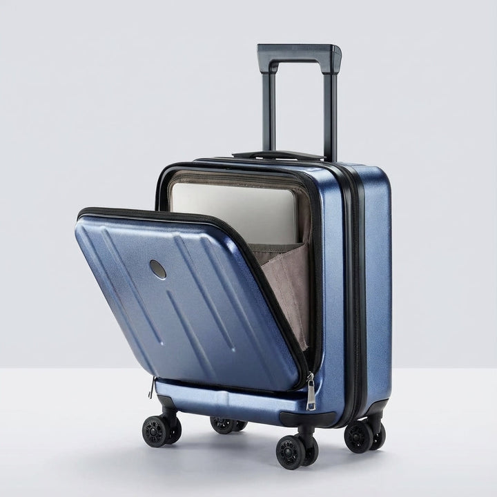 Donkerblauwe handbagage trolley met slimport laptopcompartiment, perfect voor compact reizen.