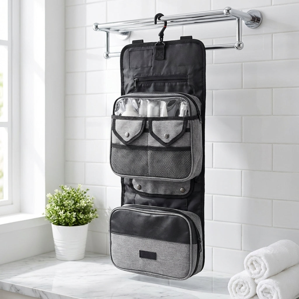 Compacte hangende reistoilettas, open met meerdere vakken voor cosmetica en verzorging. Waterafstotend design.