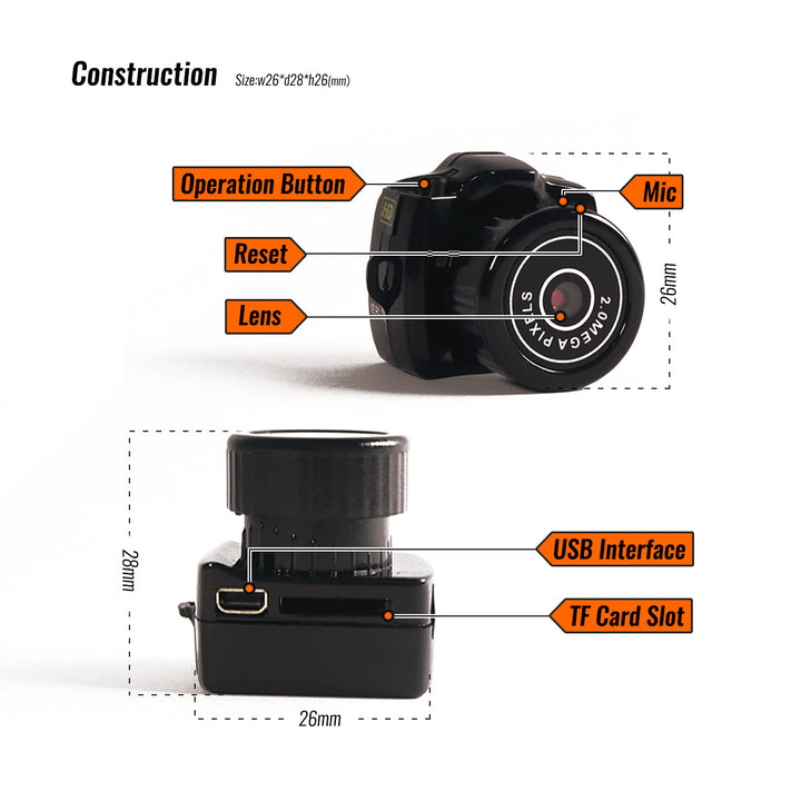 Compacte HD mini videocamera, draagbaar ontwerp met schokbestendige behuizing, ideaal voor scherpe 1080HD opnamen.