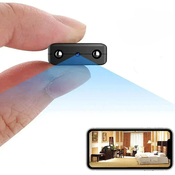 Kleine draadloze micro HD camera met nachtzicht, discreet voor verborgen bewaking.