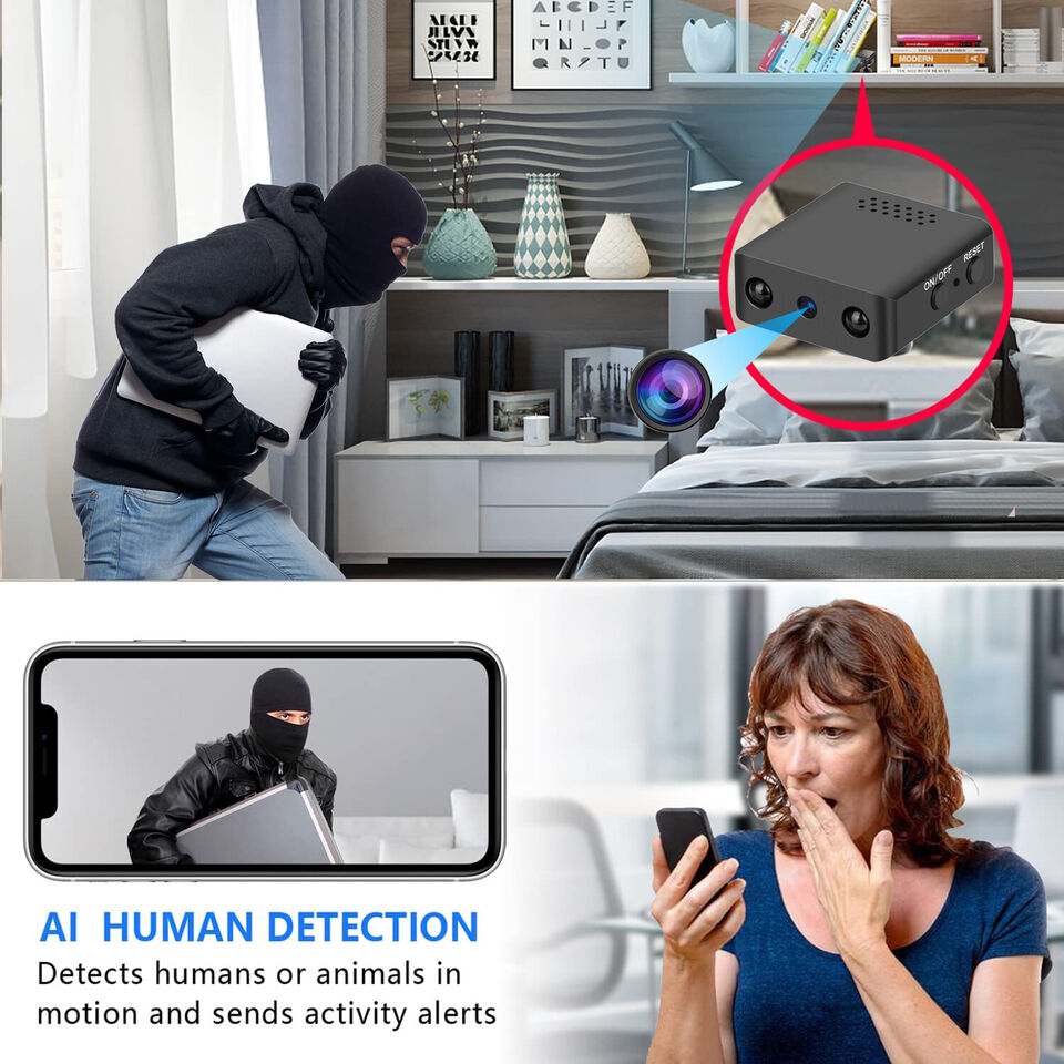 Mini bewakingscamera met HD-beeld, WiFi en nachtzicht, perfect voor thuisbeveiliging.