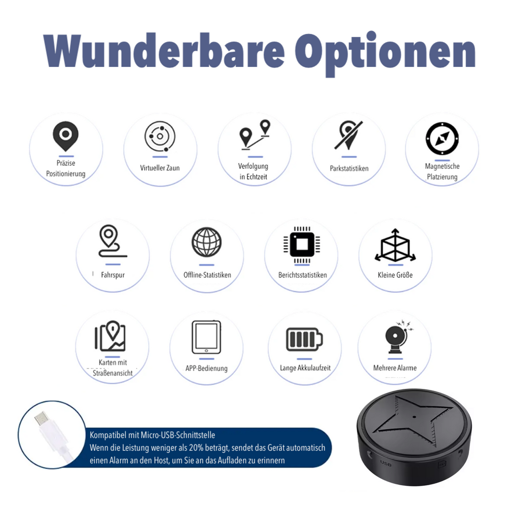 Draadloze GPS tracker met sterke magneet voor eenvoudige bevestiging aan voertuigen. Nauwkeurig realtime volgen.