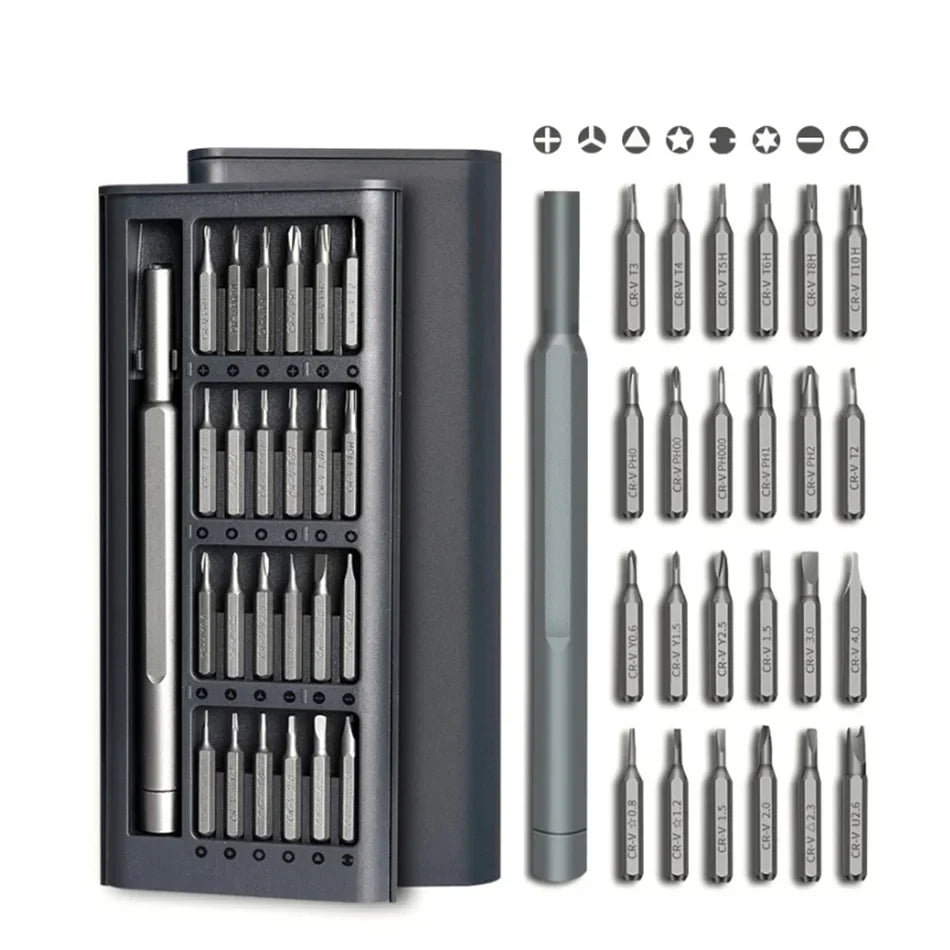 Compacte mini schroevendraaier en boormachine set voor precisiewerk, ideaal voor elektronica en horloge reparaties.