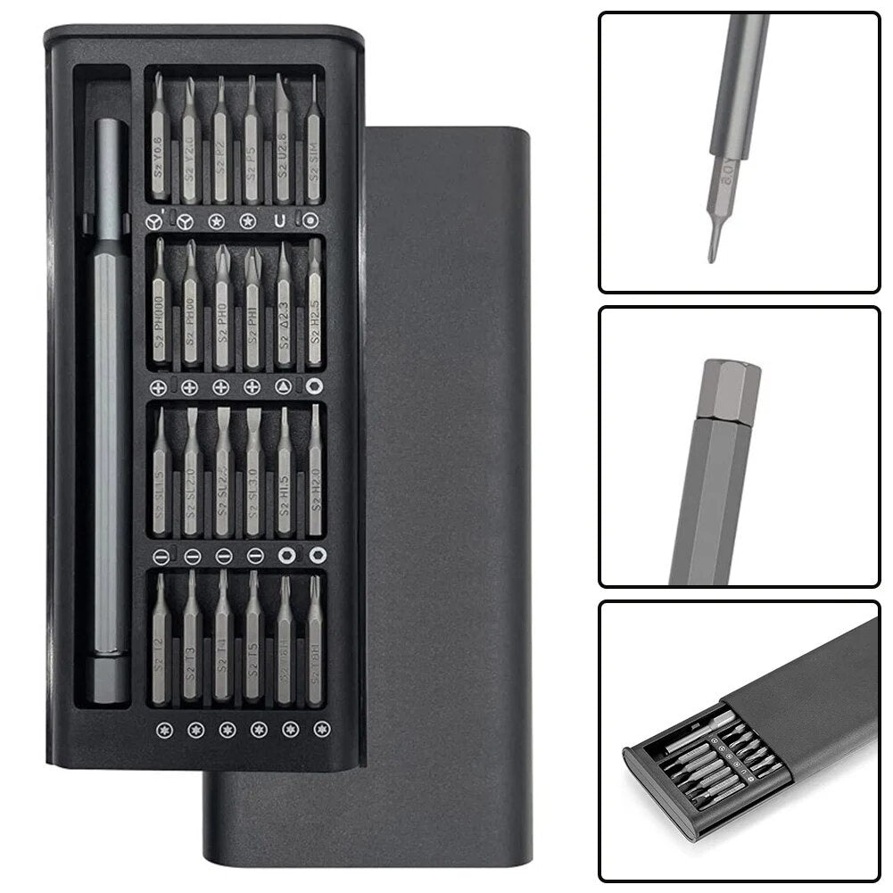 Precisie mini gereedschap set met diverse magnetische schroevendraaierbits voor DIY en fijne reparaties thuis.