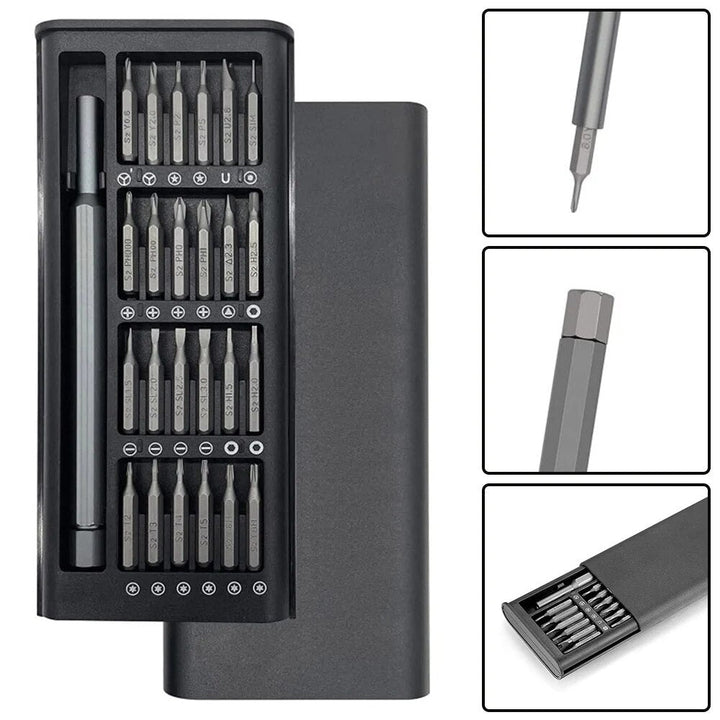 Precisie mini gereedschap set met diverse magnetische schroevendraaierbits voor DIY en fijne reparaties thuis.