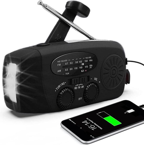 Draagbare PowerSafe Mini noodradio met USB-C oplaadfunctie en powerbank, essentieel voor outdoor noodgevallen.