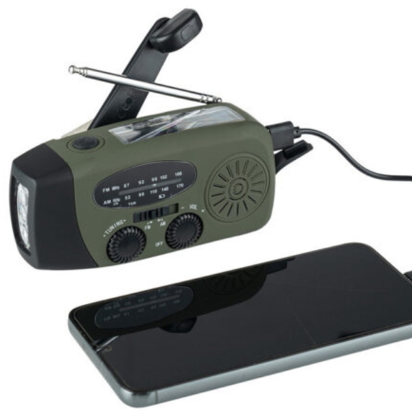 Gebruiksvriendelijke PowerSafe Mini noodradio met zaklamp en powerbank, perfect voor kamperen en survival.