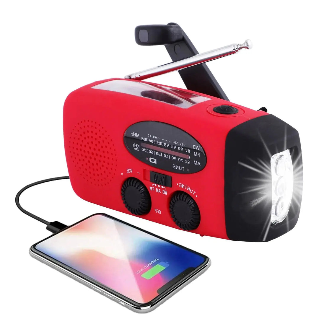 Kleine PowerSafe Mini noodradio, draagbaar en robuust, met heldere zaklamp en powerbank voor elke situatie.