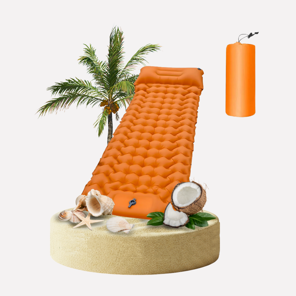Draagbare bivakmat voor kampeerders en wandelaars, compact en opblaasbaar voor comfortabele nachten in de natuur.