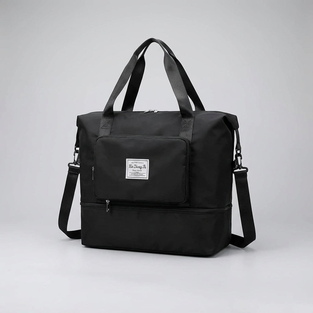 Zwarte duffelbag, compact opvouwbaar en waterdicht, uw ideale reisgezel.