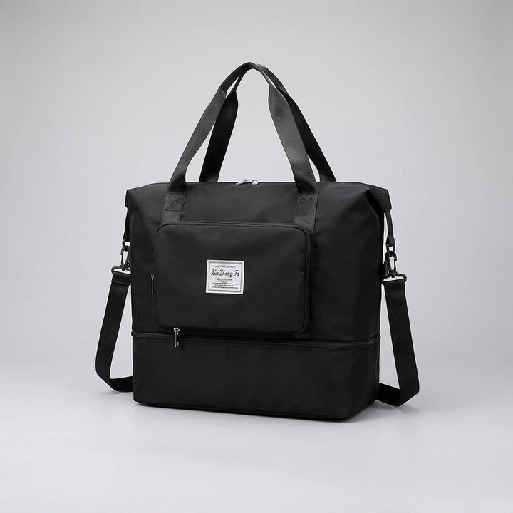 Zwarte duffelbag, compact opvouwbaar en waterdicht, uw ideale reisgezel.