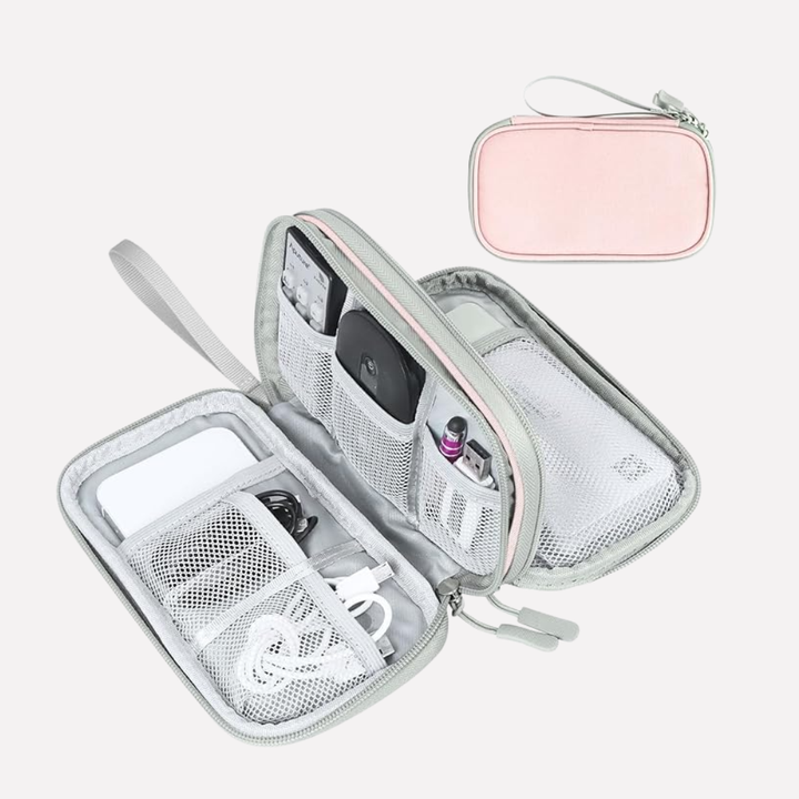 Duurzame reis organizer voor kabels en adapters, essentieel voor de moderne reiziger.