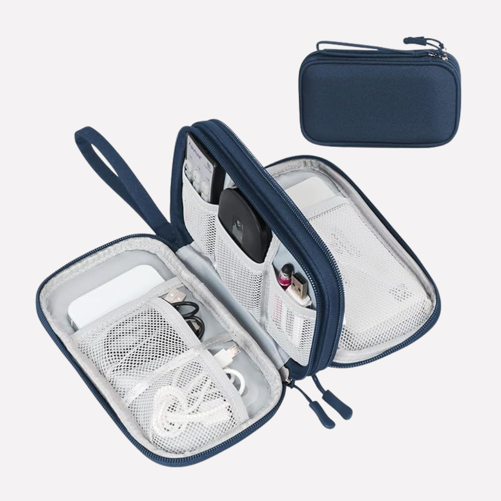 Compacte kabel organiser voor vakantie, houdt opladers en kabels netjes bij elkaar.