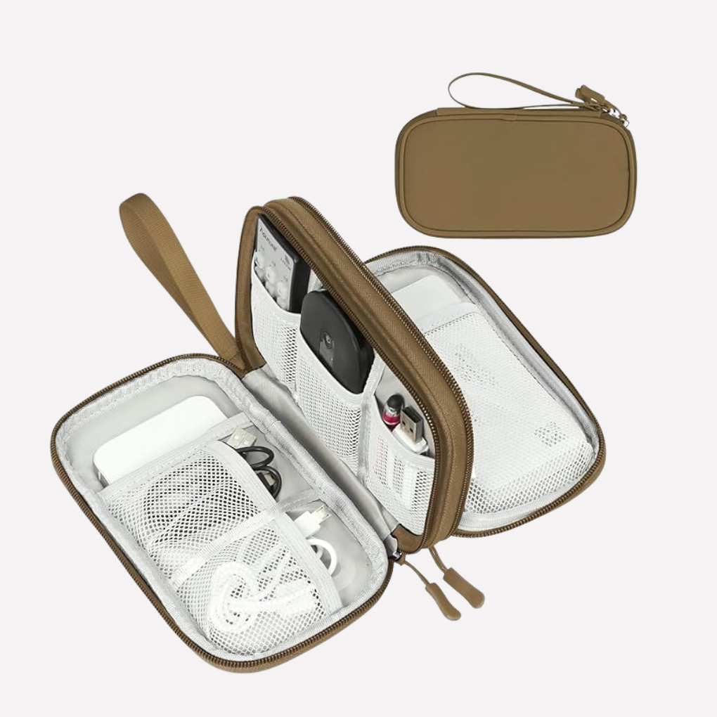 Reisaccessoire: compacte organizer met rits voor kabels en kleine elektronica, dubbele laag.
