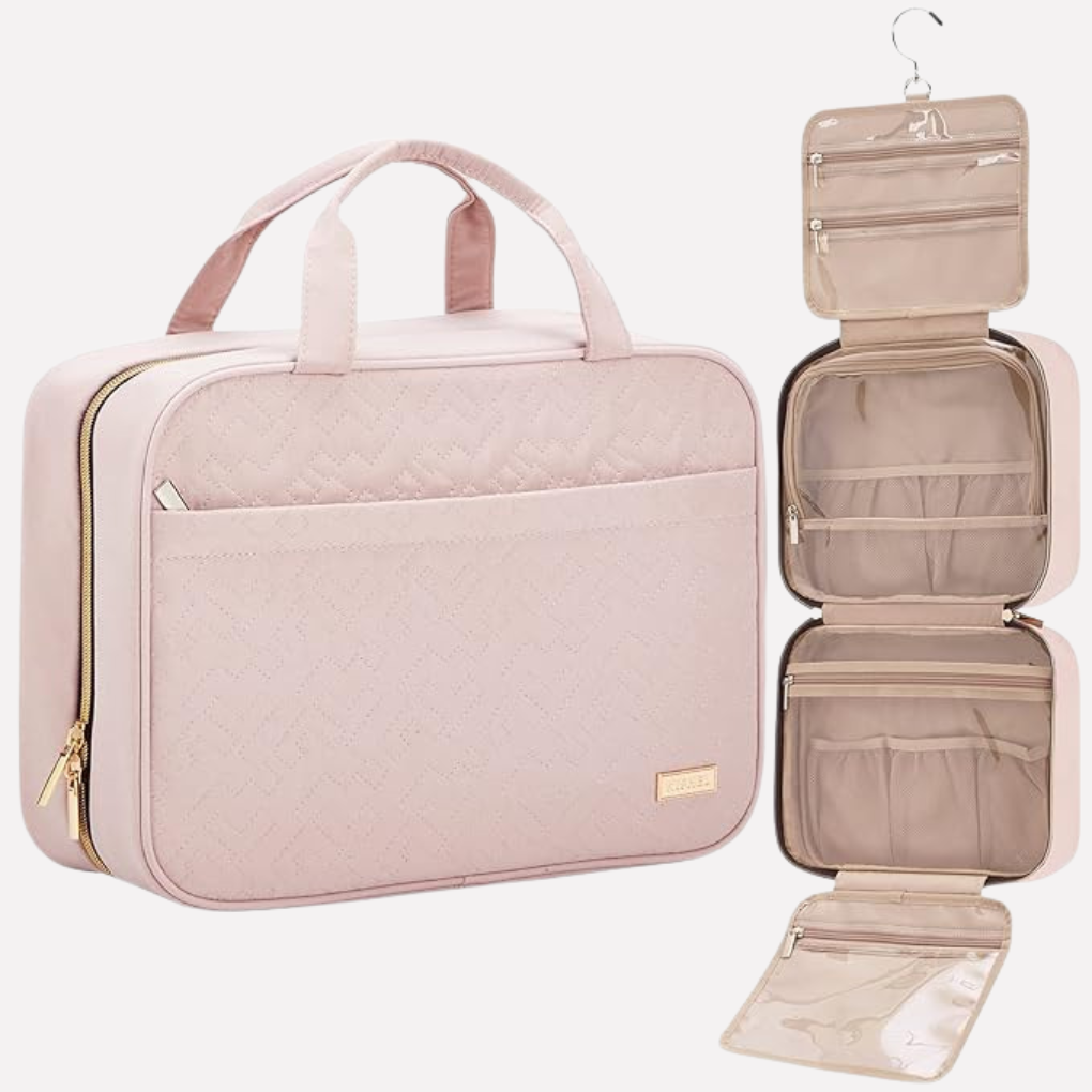 Compacte reis toilettas met rits, ideaal voor persoonlijke verzorging en make-up op vakantie.