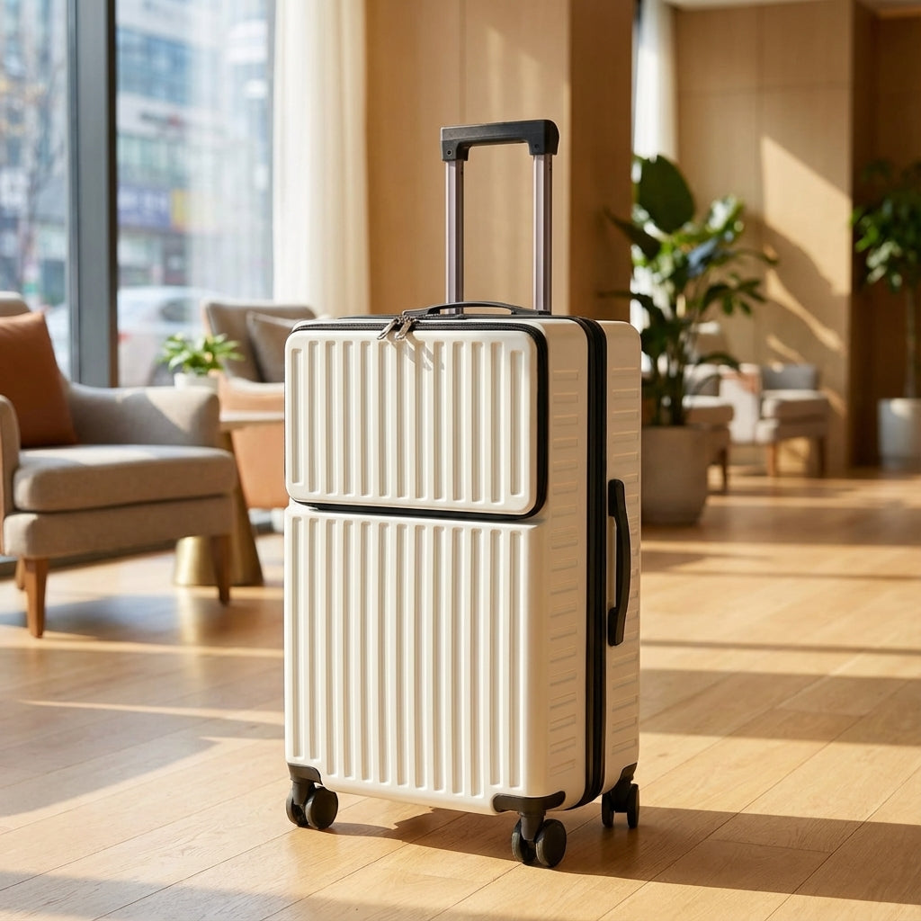 Compacte spinner reiskoffer met handig voorvak voor gemakkelijke toegang tijdens het reizen.