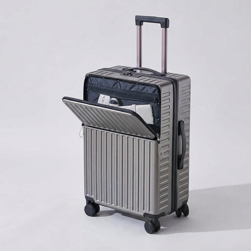 Compacte trolley koffer met soepele wielen en voorvak, optimaal voor frequente reizigers.