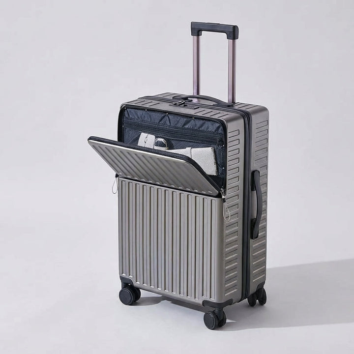 Compacte trolley koffer met soepele wielen en voorvak, optimaal voor frequente reizigers.