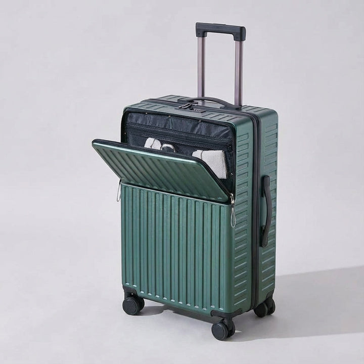 Handige reiskoffer met voorvak en 360° spinner wielen, ideaal voor snelle en efficiënte trips.