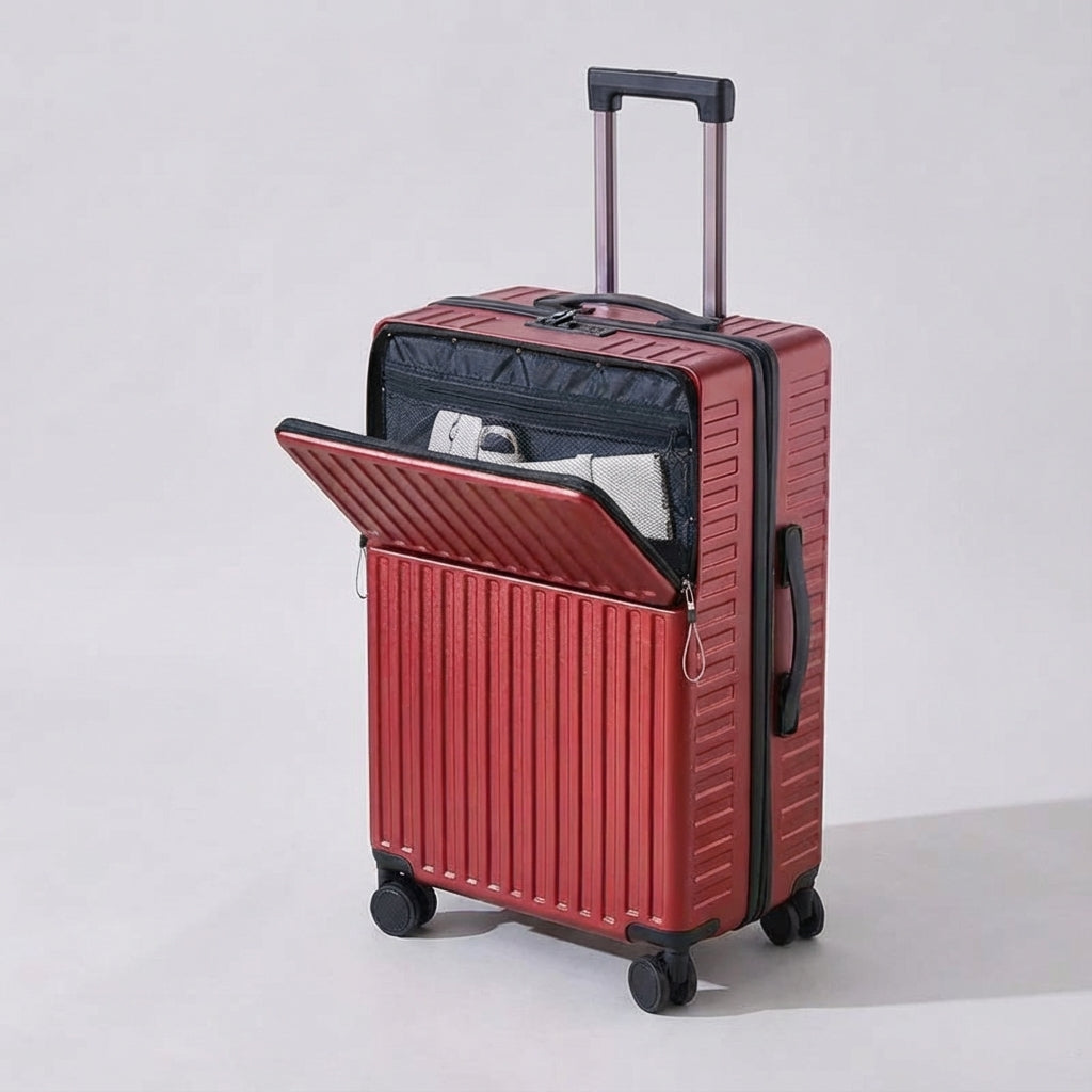 Duurzame spinner reiskoffer met voorvak, geschikt als handbagage voor elke vlucht of treinreis.