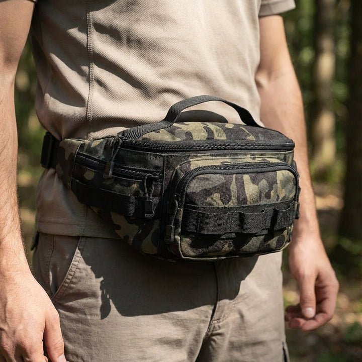 Compacte tactische heuptas RangerPack, waterbestendig, ideaal voor outdoor, wandelen of reizen met veilige opbergruimte.