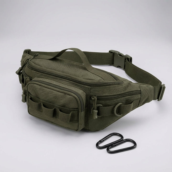 Achterkant van de compacte heuptas met verstelbare riem voor comfortabel dragen tijdens wandelen, reizen of festivals.