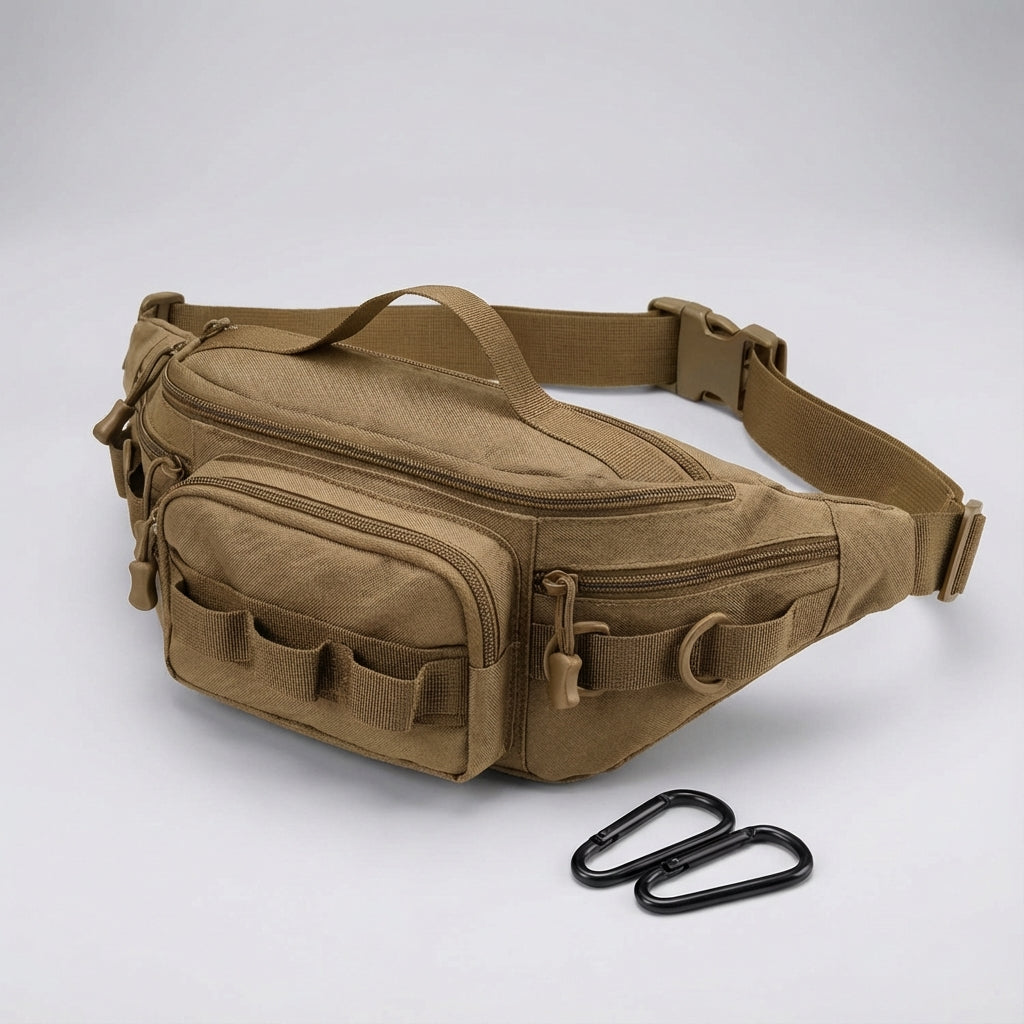 Volledig overzicht van de RangerPack tactische heuptas, waterbestendig, met molle, ideaal voor wandelen en reizen.