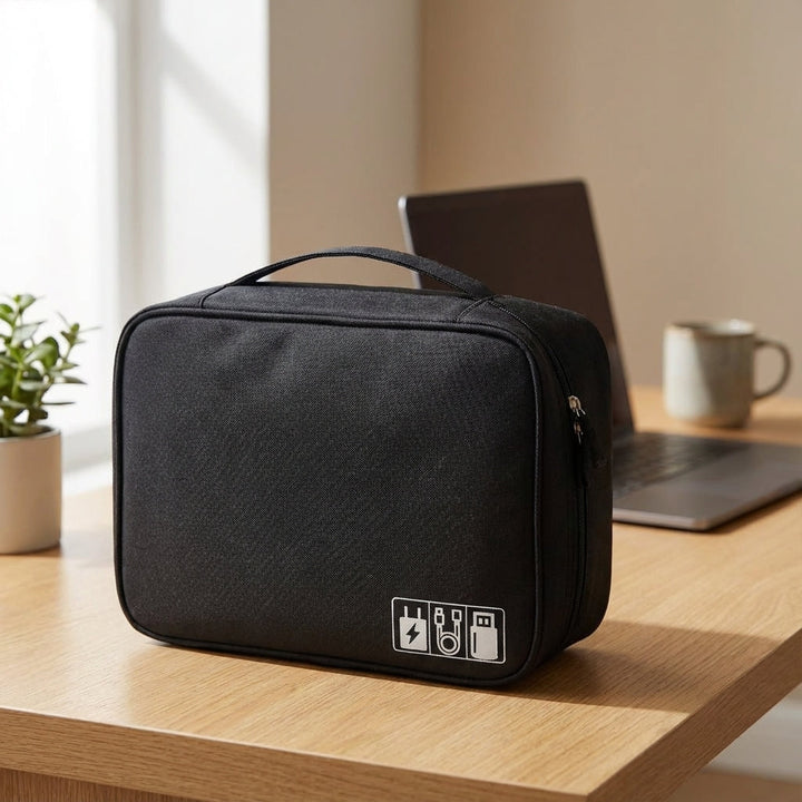Compacte TechTidy gadget organizer voor reizen, houdt kabels en elektronica netjes en geordend in je reistas.