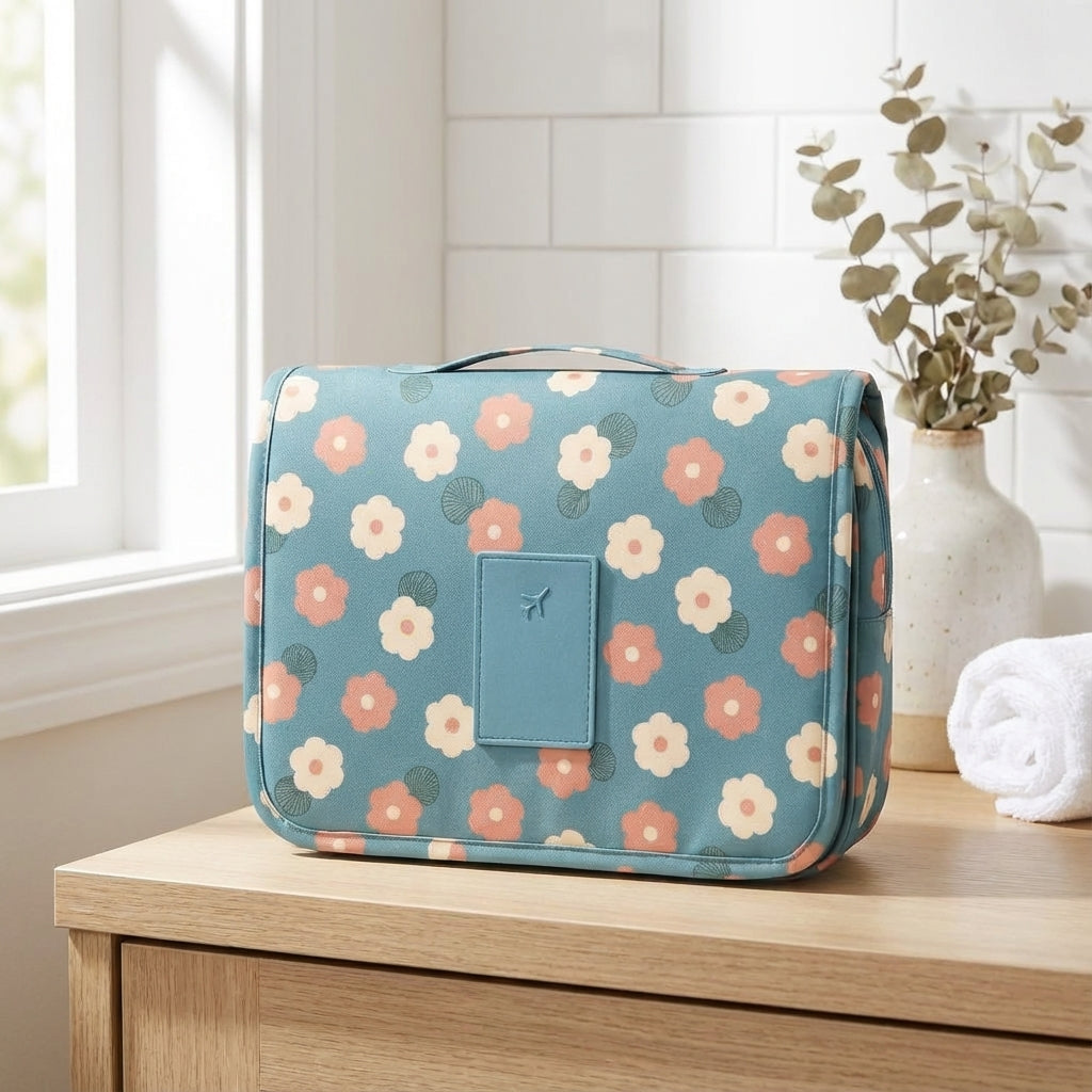 Compacte Toiletryx reistoilettas met ritsvakken voor georganiseerde reisbenodigdheden, ideaal voor vakantie.