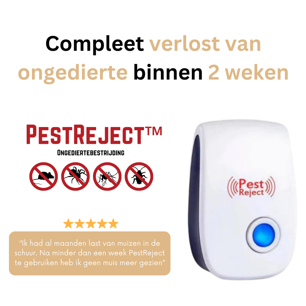 Ultrasone en elektromagnetische ongediertebestrijder, stekkerklaar in stopcontact, effectief tegen ongedierte binnen en buiten.