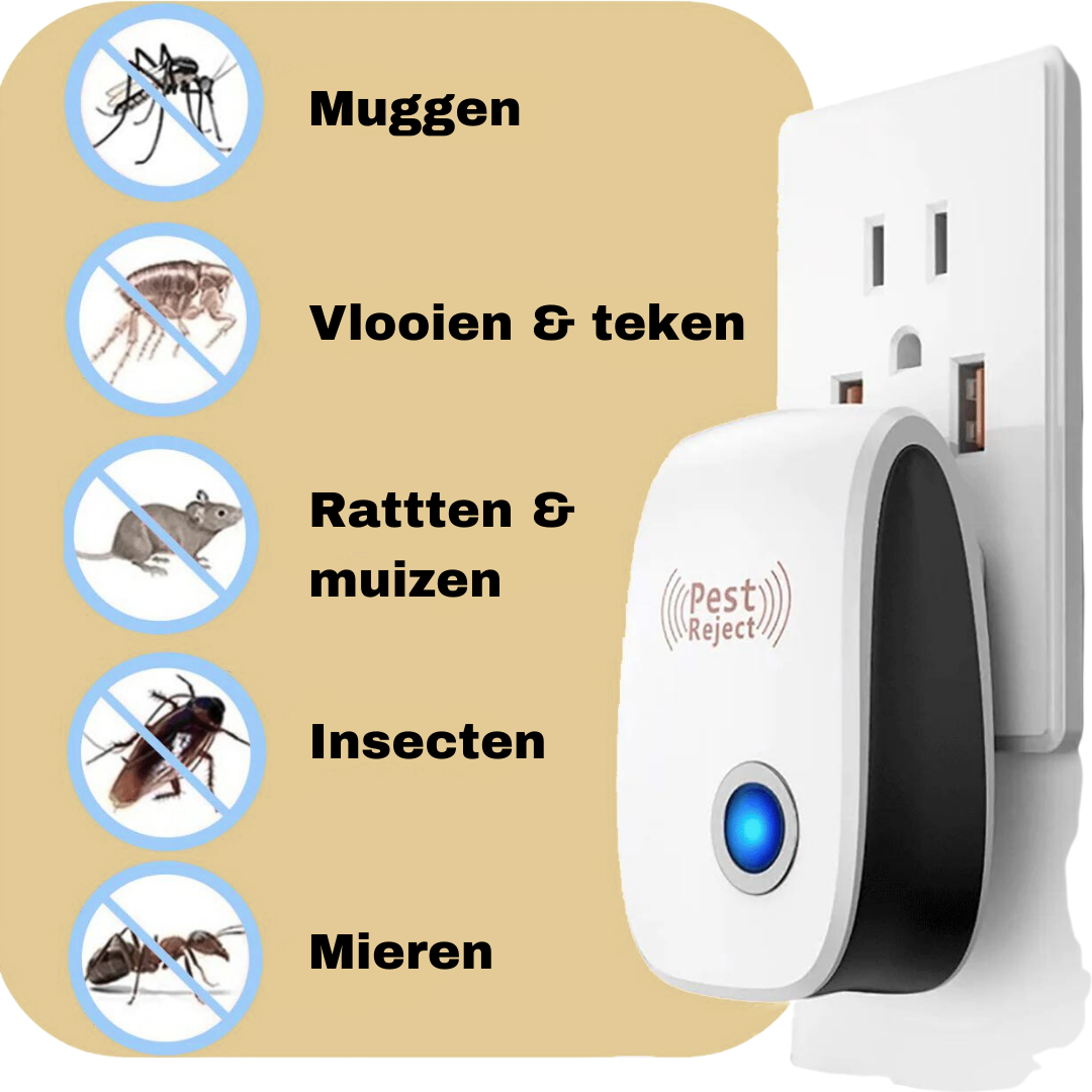Effectieve ultrasone plaagbestrijder voor muizen, insecten, spinnen; diervriendelijke en gifvrije oplossing voor thuisgebruik.