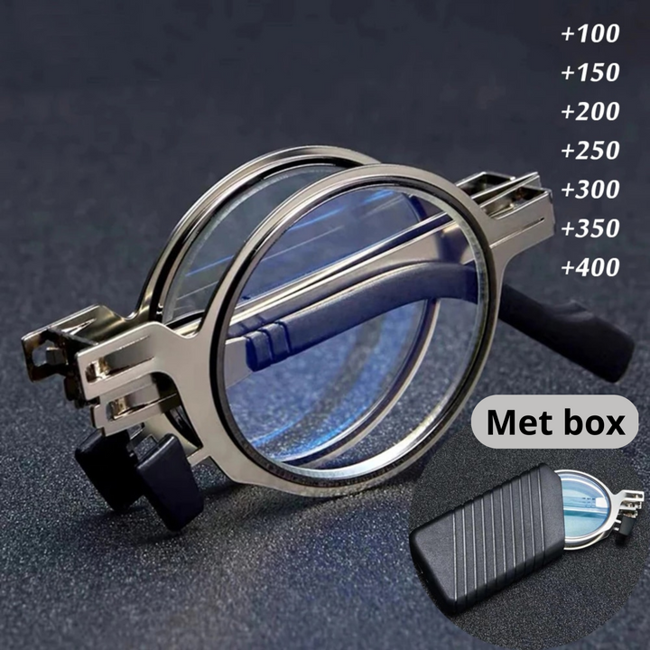 Stijlvolle zilveren metalen unisex leesbril, opvouwbaar en duurzaam design met blauwlichtfilter.