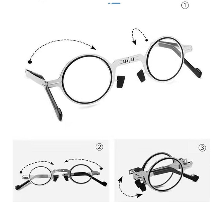 Opgevouwen compacte unisex leesbril, ideaal voor reizen en dagelijks gebruik, neemt minimale ruimte in.