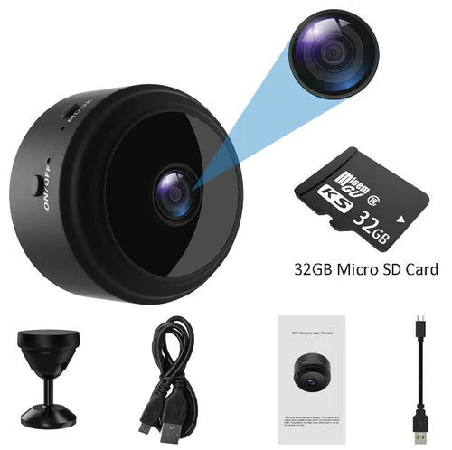 Compacte draadloze wifi bewakingscamera met HD nachtzicht en bewegingsdetectie.