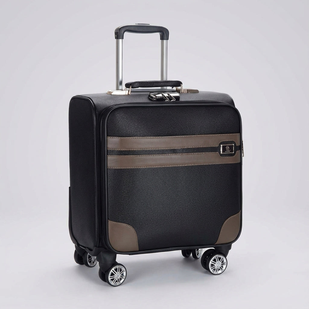 Ruime zwarte handbagage koffer met spinner wielen, de ideale compacte reistrolley voor zorgeloos reizen.