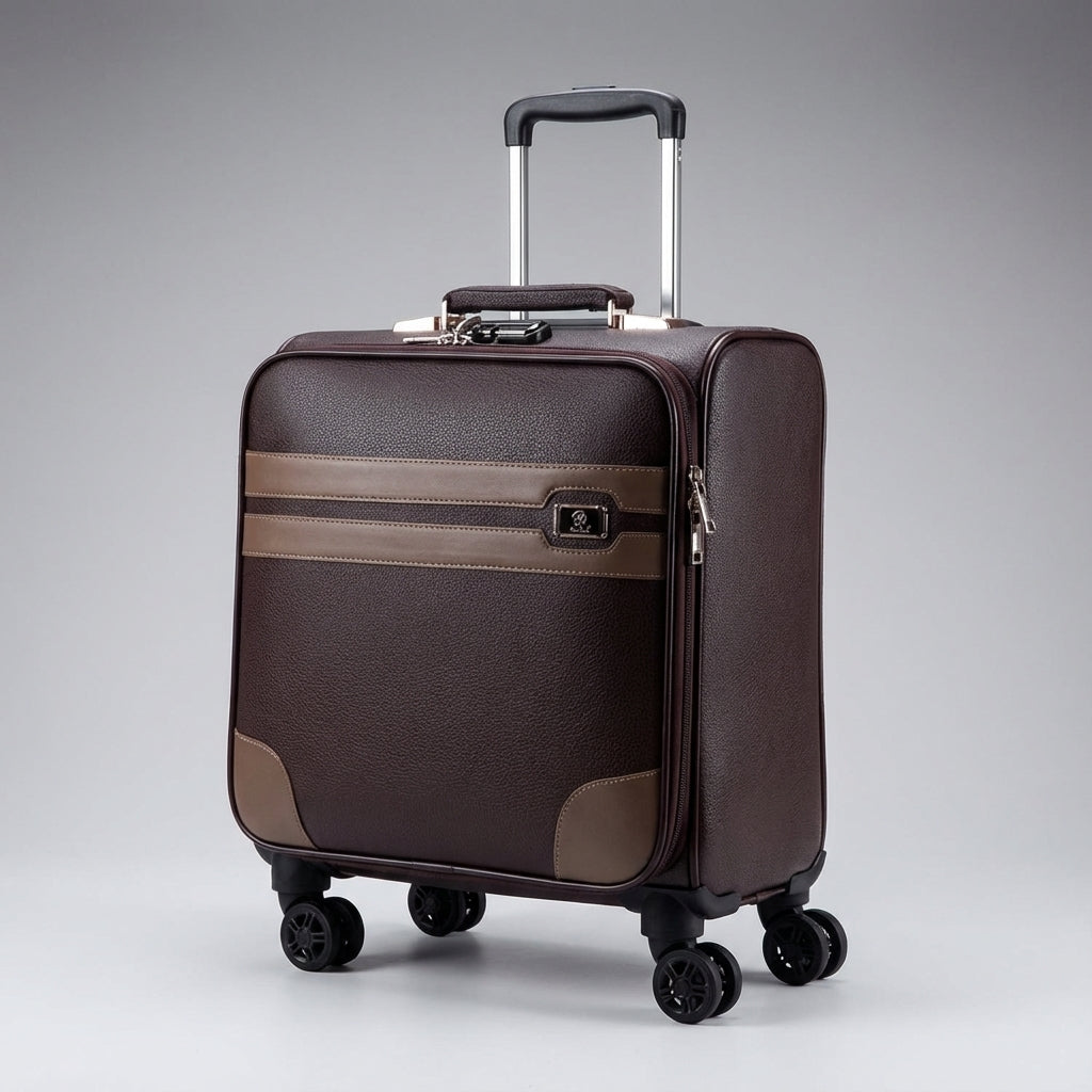 Compacte reistrolley in zwart met duurzame spinner wielen; perfecte lichtgewicht handbagage voor vliegreizen.