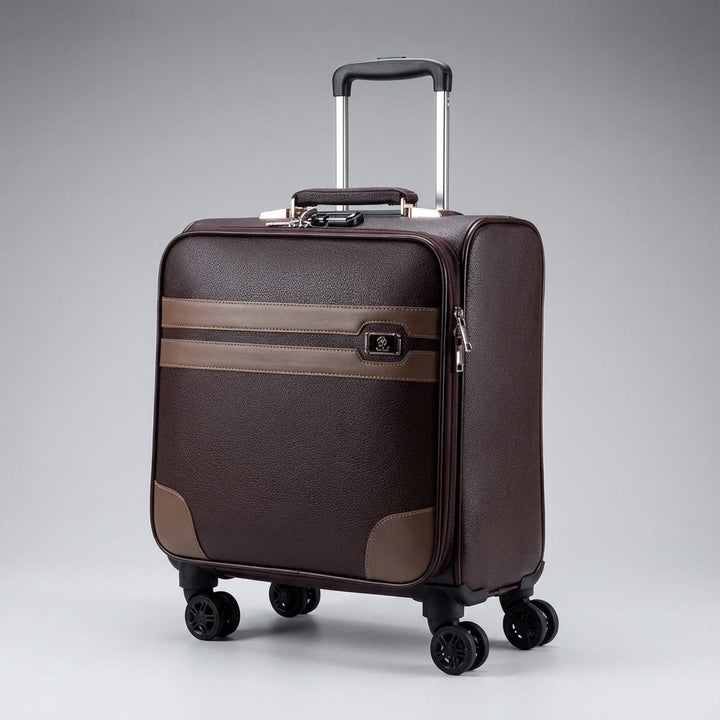 Compacte reistrolley in zwart met duurzame spinner wielen; perfecte lichtgewicht handbagage voor vliegreizen.