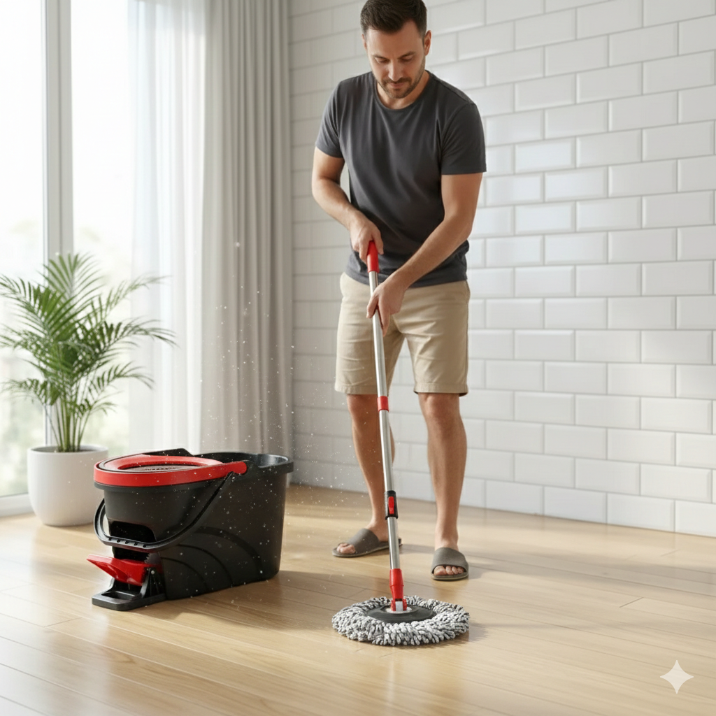 Efficiënte spin mop en emmer set voor huishouden, ideaal voor snel en gemakkelijk dweilen van alle harde vloeren.