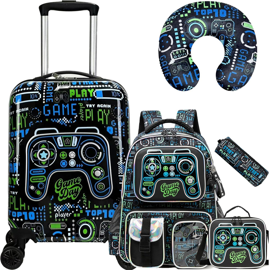 Complete 5-delige kinderbagageset 'Game Day' met harde koffer, rugzak, lunchtas, etui en nekkussen.