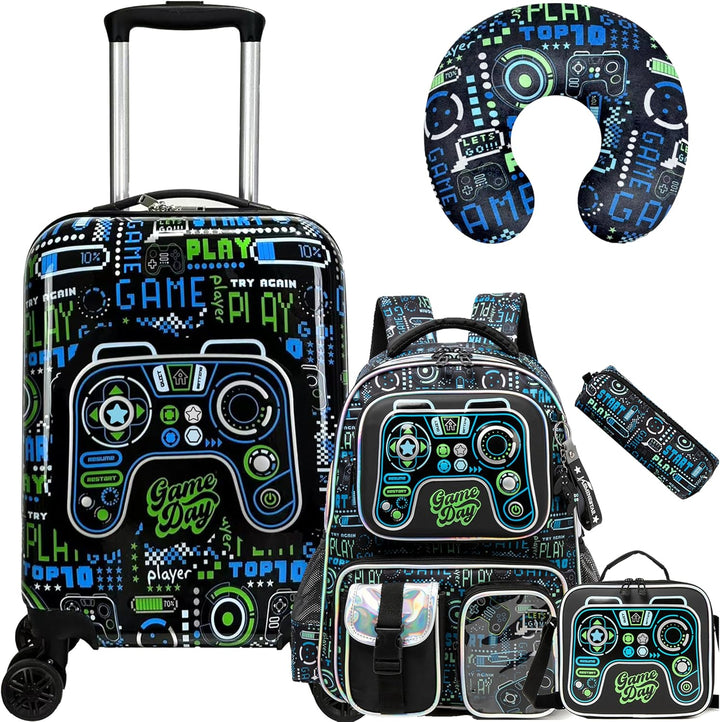 Complete 5-delige kinderbagageset 'Game Day' met harde koffer, rugzak, lunchtas, etui en nekkussen.